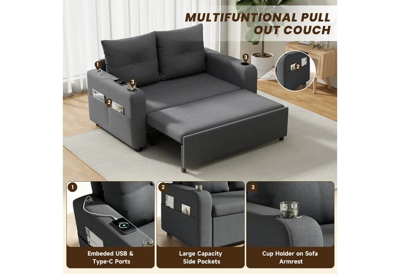 Merax Schlafsofa 3-in-1 mit USB-Anschluss Beige/Grau - Bild 4