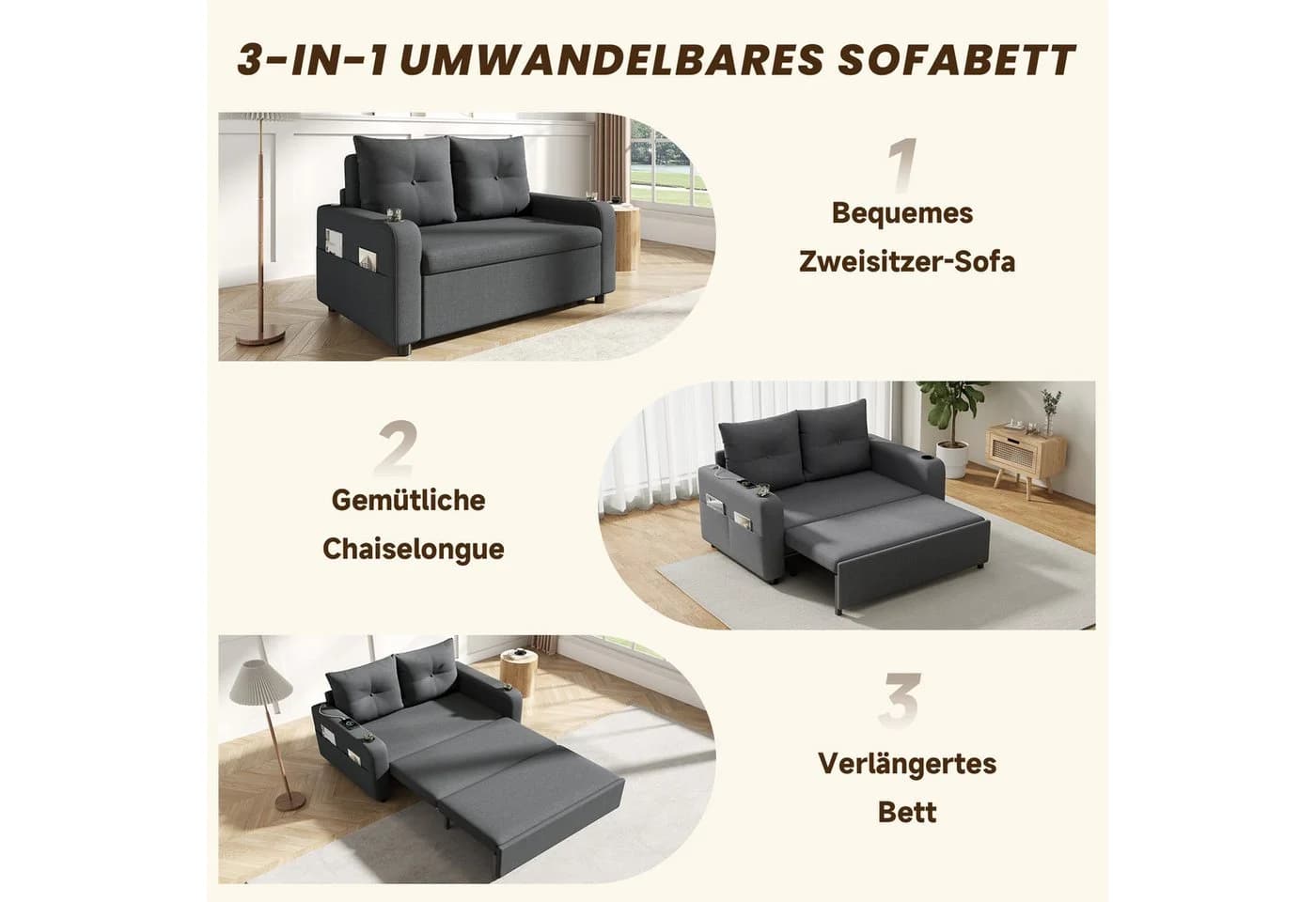 Merax Schlafsofa 3-in-1 mit USB-Anschluss Beige/Grau - Bild 5