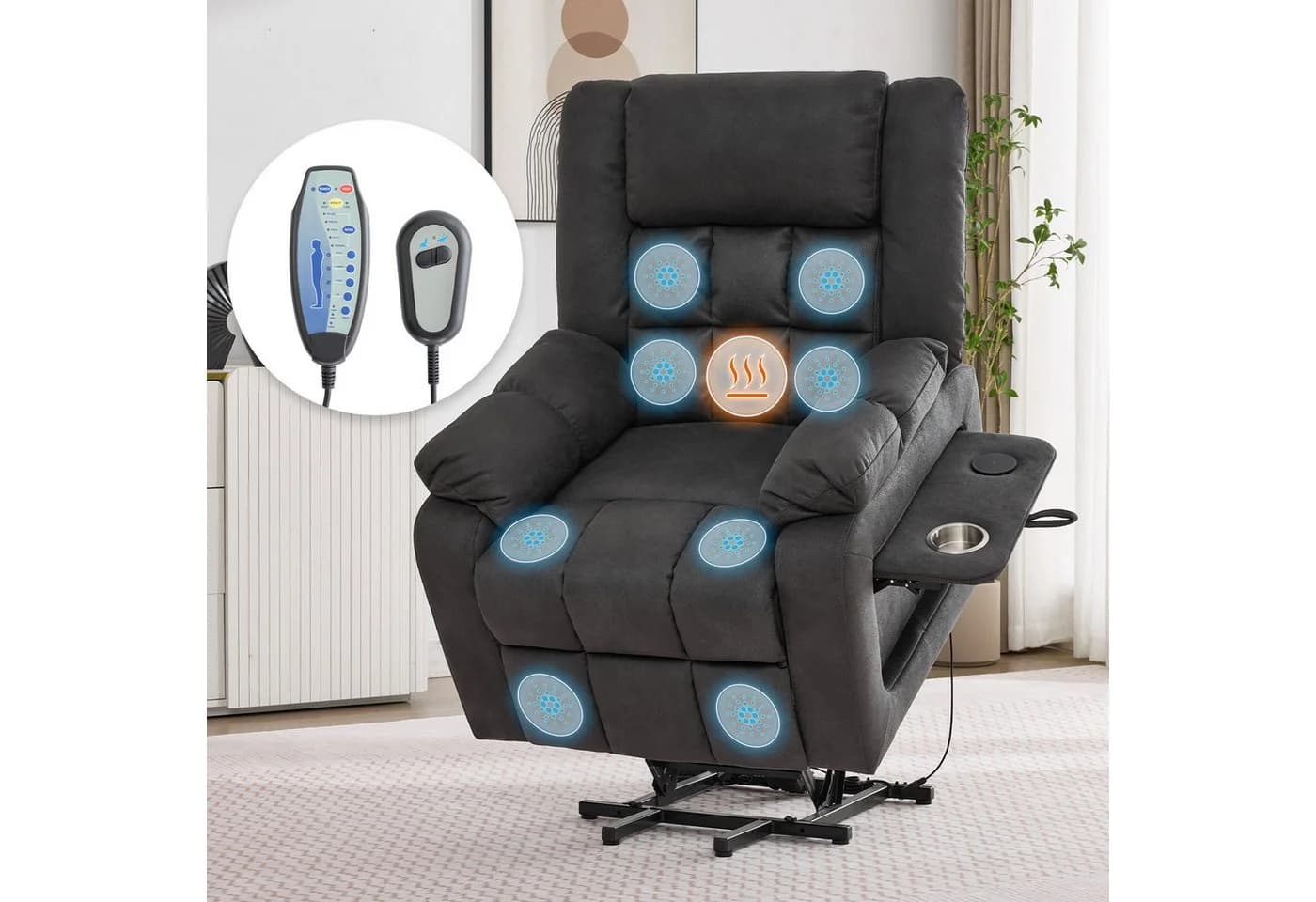 Merax Massagesessel mit Massage- & Wärmefunktion, Relaxsessel mit Liegefunktion, Elektrischer TV- und Aufstehsessel, 1-St., inkl. USB-Anschlüssen, Ruhesessel mit Fußstütze, Seitentaschen, Klapptisch & Getränkehalter - Bild 4