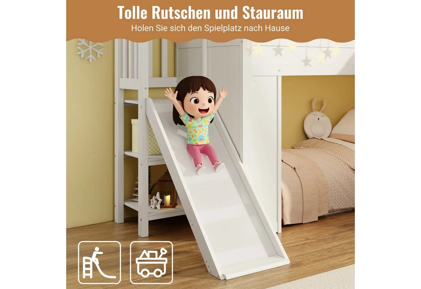 Merax Hochbett 90x200cm mit LED-Lichtleiste, Massivholz, Kinderbett mit Rutsche, Stauraumtreppe & Rausfallschutz - Bild 4