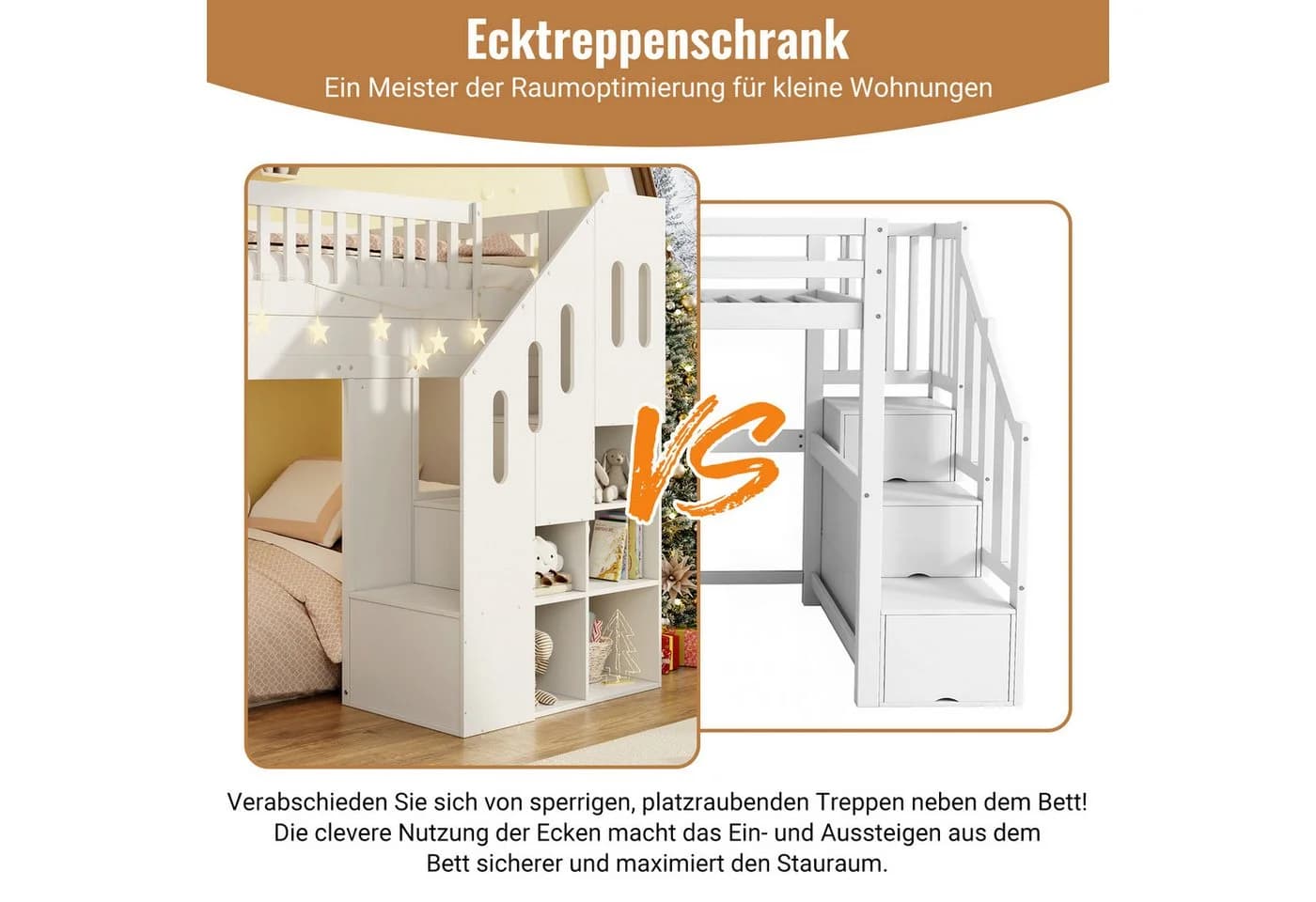 Merax Hochbett 90x200cm mit LED-Lichtleiste, Massivholz, Kinderbett mit Rutsche, Stauraumtreppe & Rausfallschutz - Bild 5