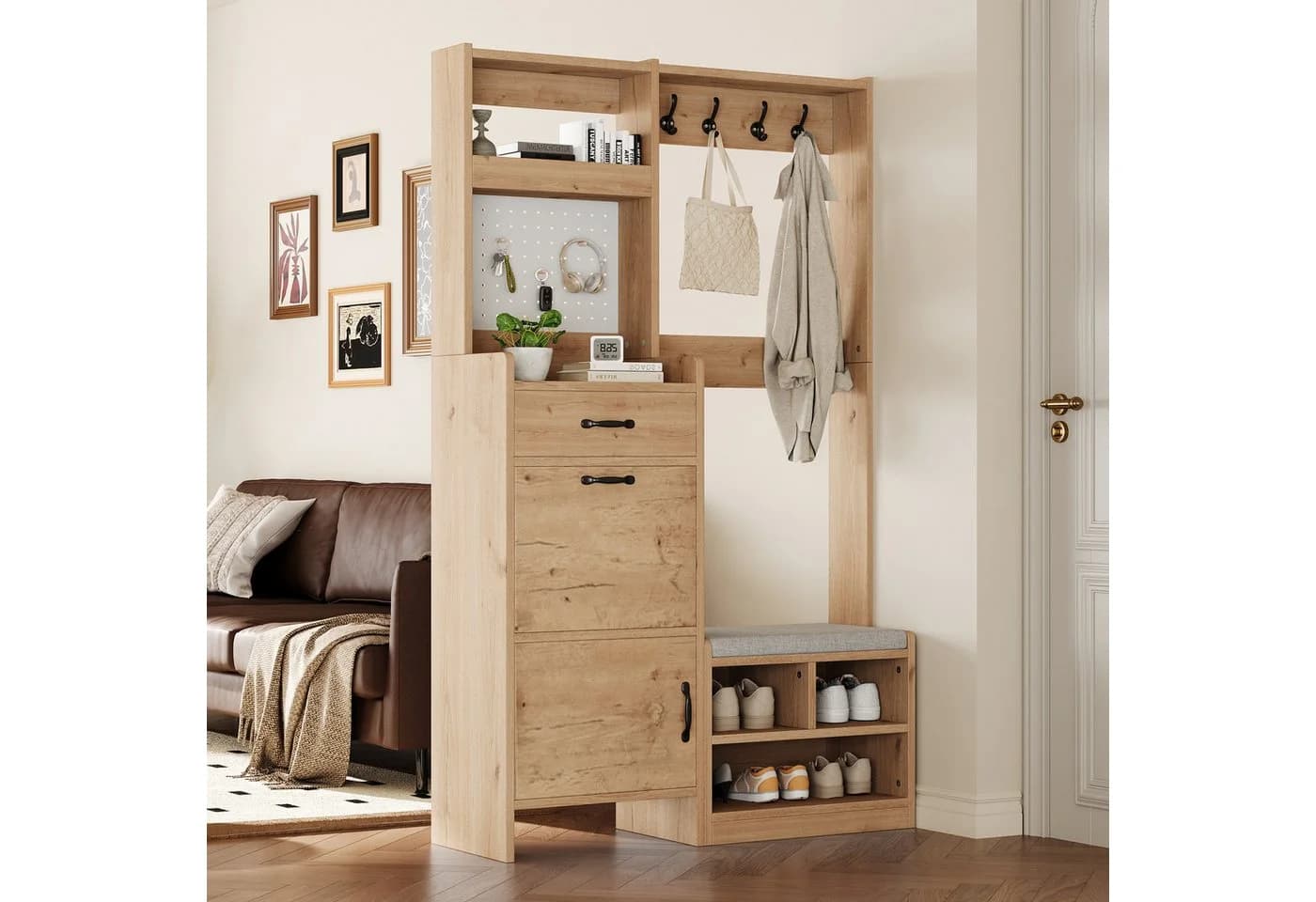 Merax Garderoben-Set Naturholzoptik mit Pegboard, Sitzbank & Stauraum