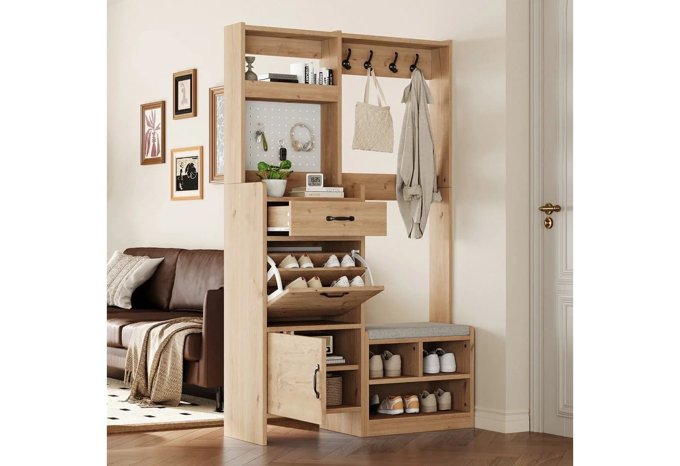 Merax Garderoben-Set Naturholzoptik mit Pegboard, Sitzbank & Stauraum - Bild 2