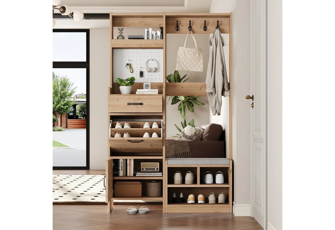 Merax Garderoben-Set Naturholzoptik mit Pegboard, Sitzbank & Stauraum - Bild 3