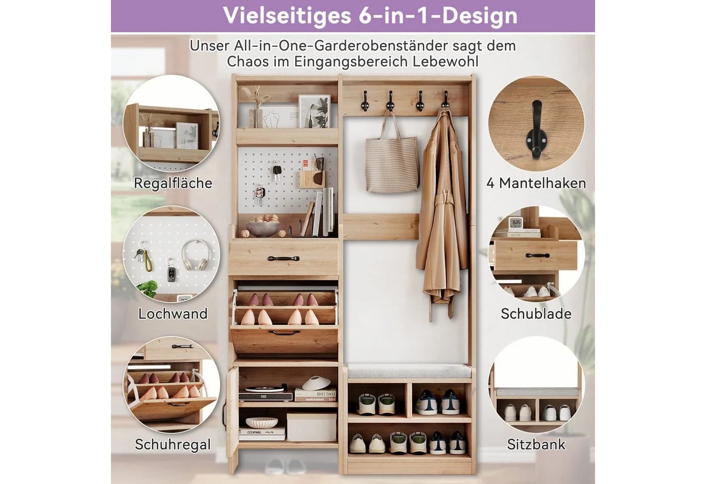 Merax Garderoben-Set Naturholzoptik mit Pegboard, Sitzbank & Stauraum - Bild 4