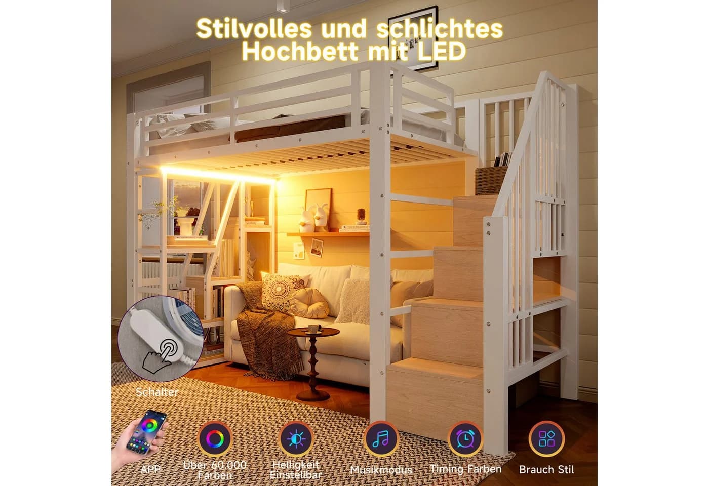 Flieks Hochbett Metallbett 90x200cm mit LED-Leiste - Bild 5