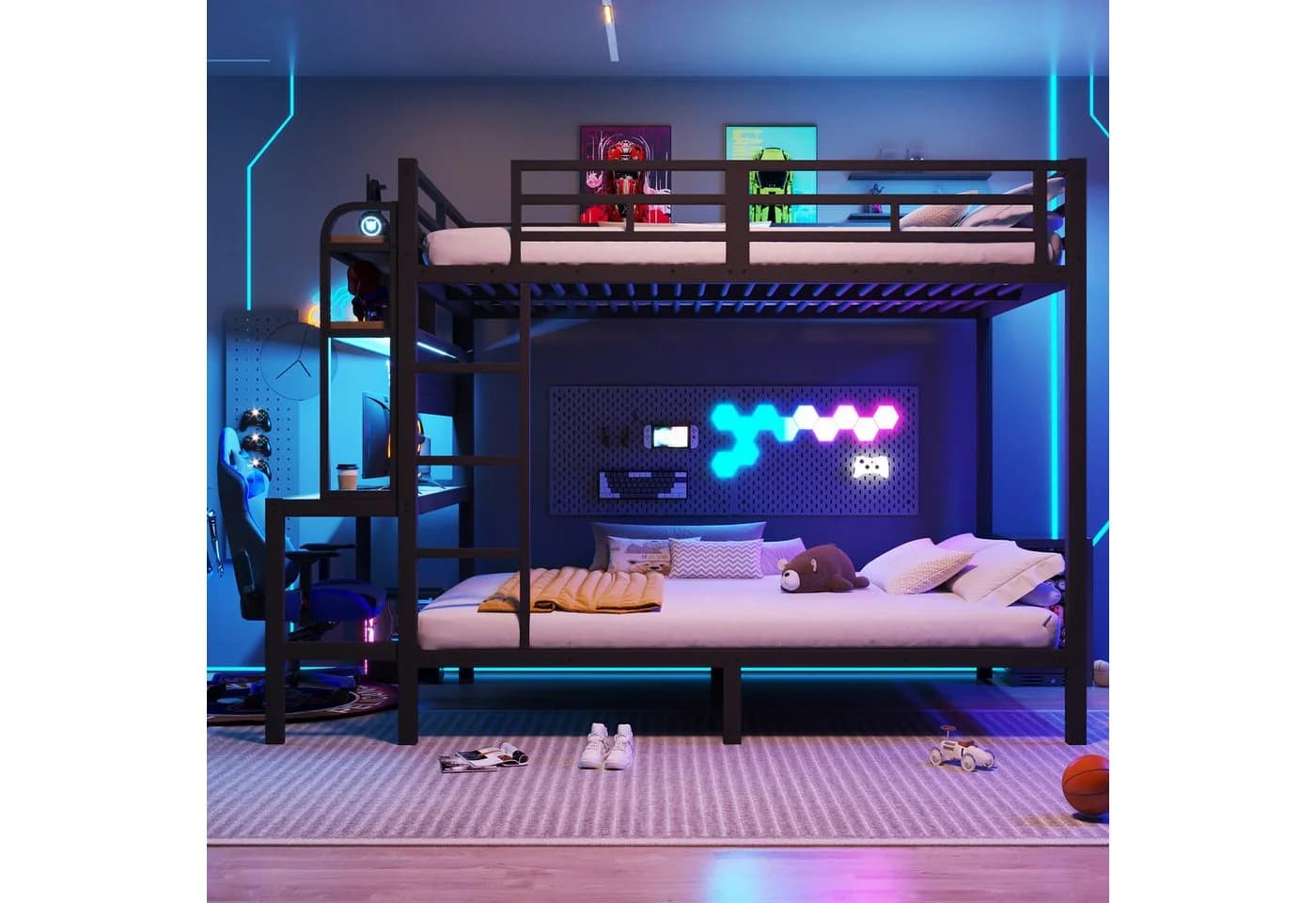 Flieks Etagenbett Metallbett 140x200cm mit Stauraumregal Schreibtisch LED&USB