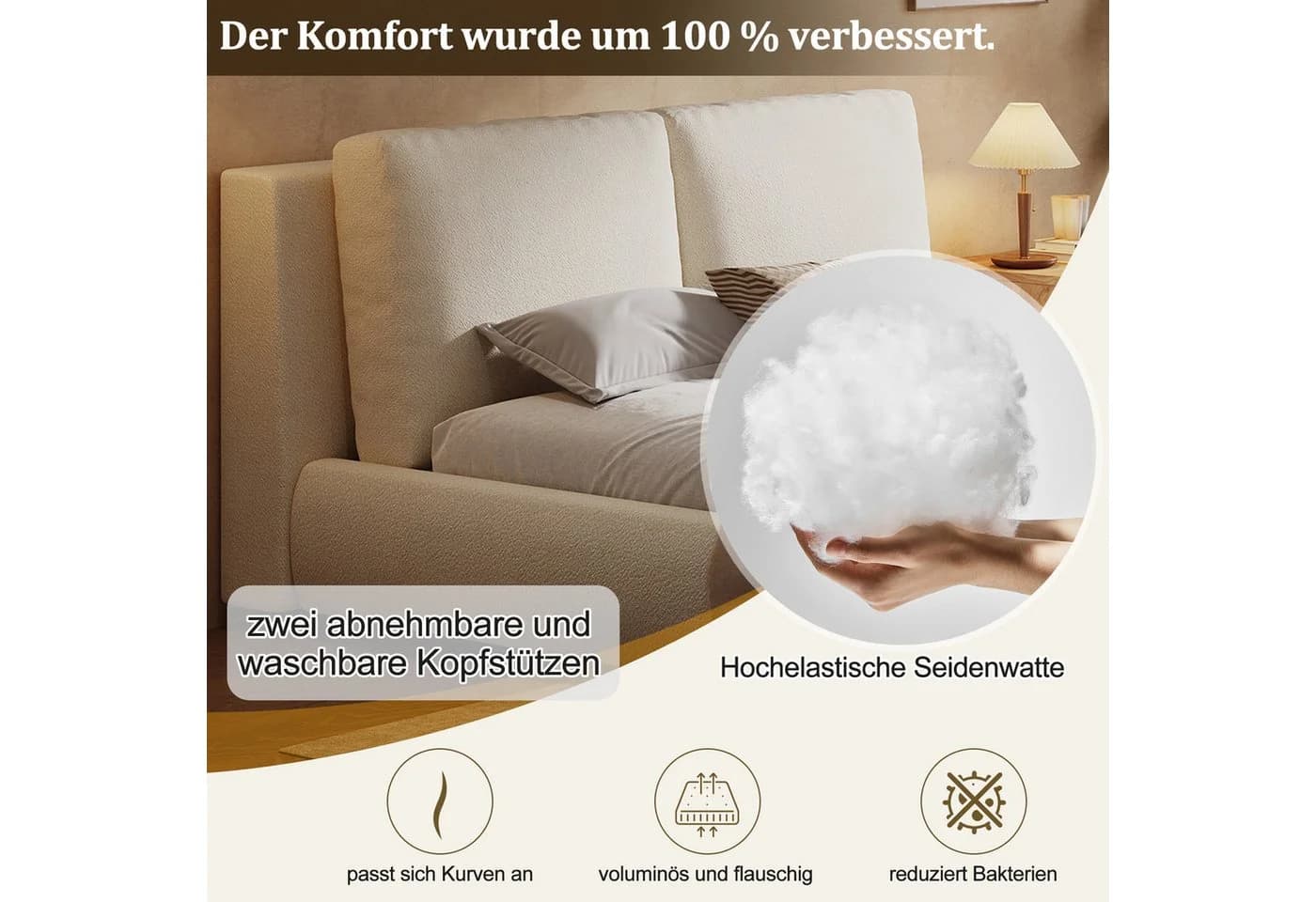 Flieks Polsterbett Beige Hydraulisches Stauraumbett mit dickem Kopfteil - Bild 5