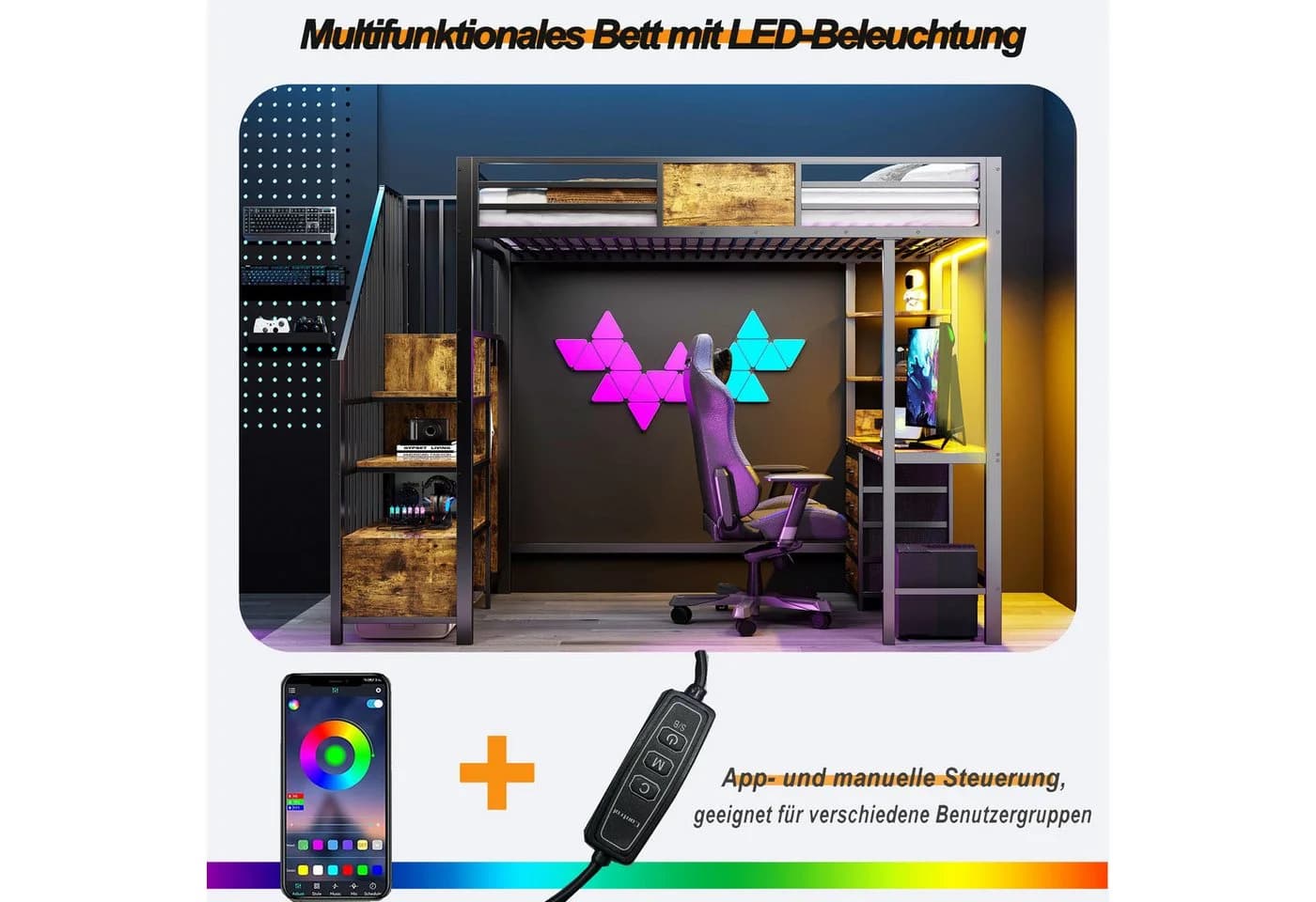 Flieks Hochbett Metallbett 90x200cm mit Schreibtisch, Stauraumtreppe, LED und Aufladen - Bild 4