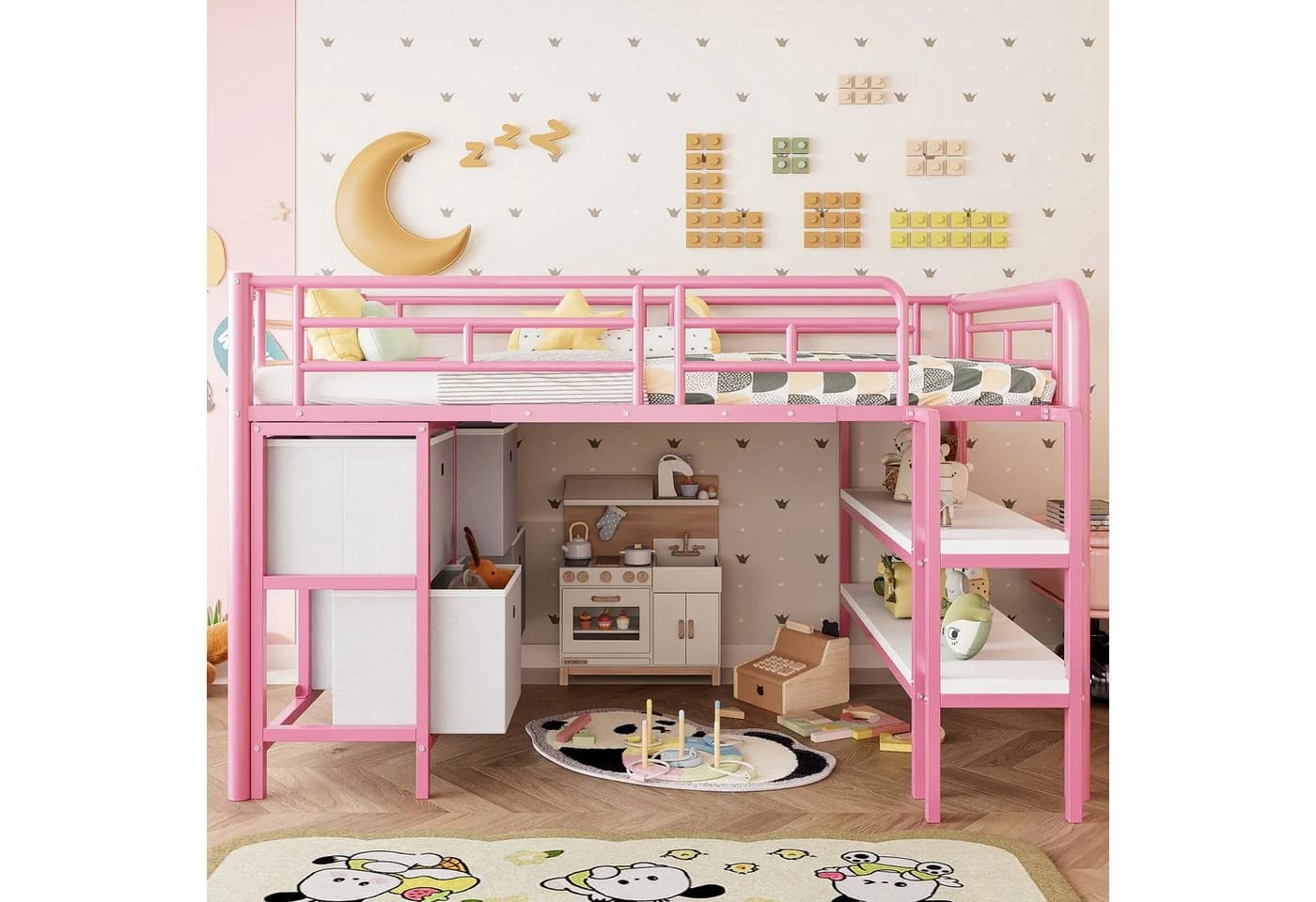 Flieks Hochbett Kinderbett Metall Rosa mit Treppe und Stauraum