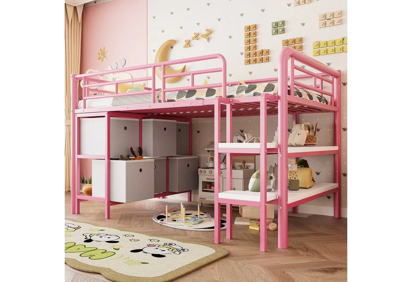 Flieks Hochbett Kinderbett Metall Rosa mit Treppe und Stauraum - Bild 2
