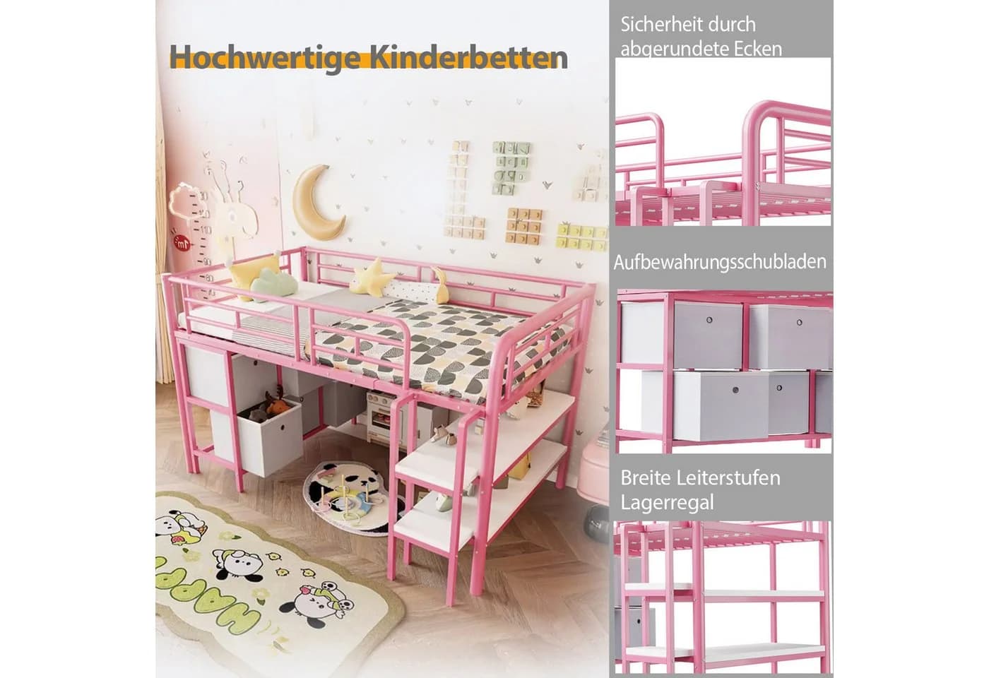 Flieks Hochbett Kinderbett Metall Rosa mit Treppe und Stauraum - Bild 3
