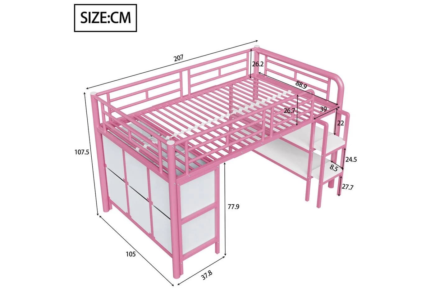Flieks Hochbett Kinderbett Metall Rosa mit Treppe und Stauraum - Bild 4