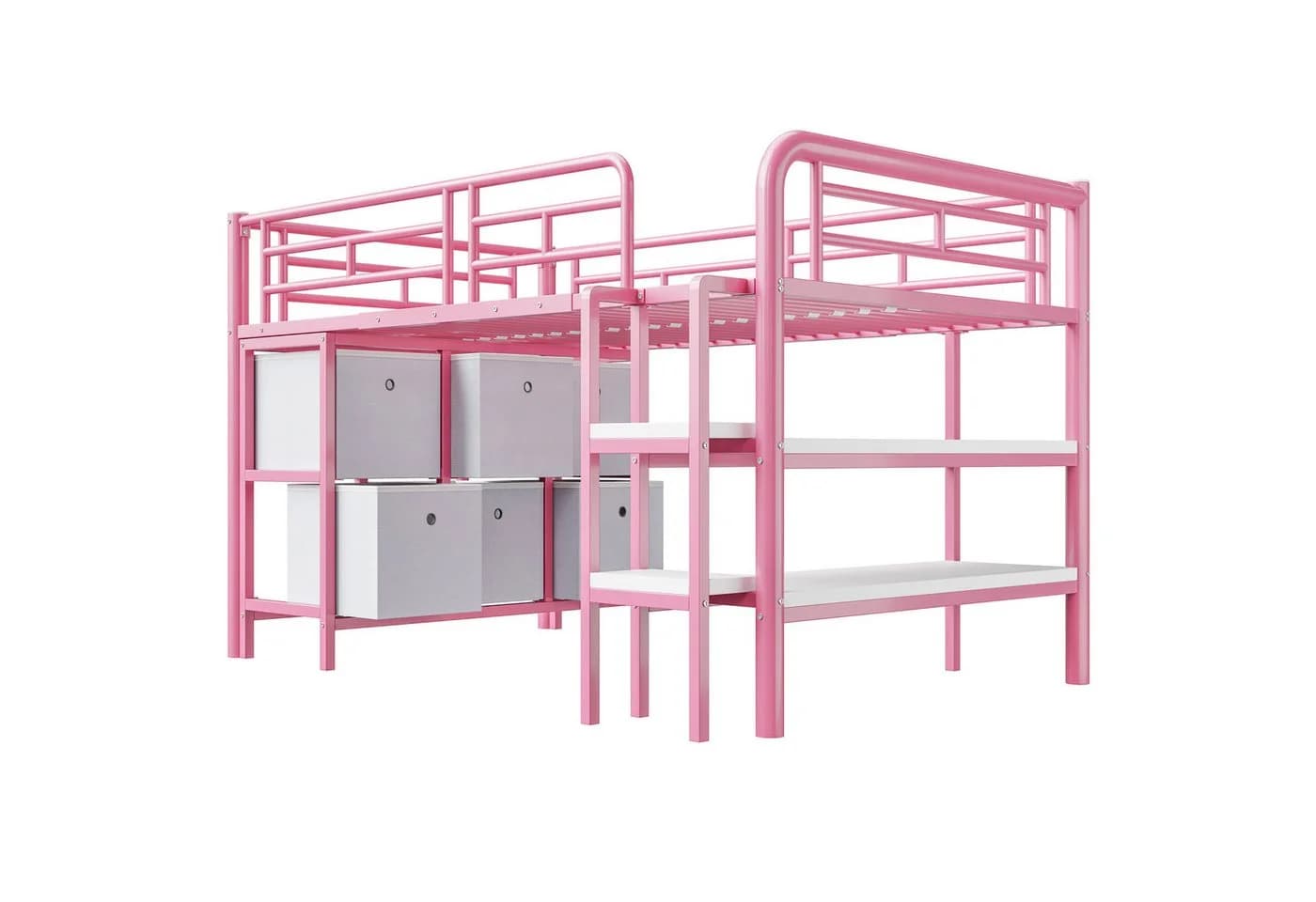 Flieks Hochbett Kinderbett Metall Rosa mit Treppe und Stauraum - Bild 5