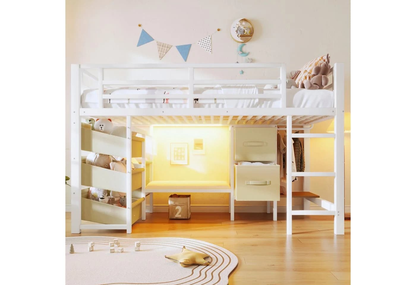 Flieks Hochbett Kinderbett Metallbett 90x200cm mit Stoffschubladen LED