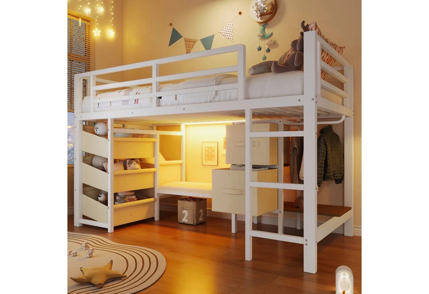 Flieks Hochbett Kinderbett Metallbett 90x200cm mit Stoffschubladen LED - Bild 2