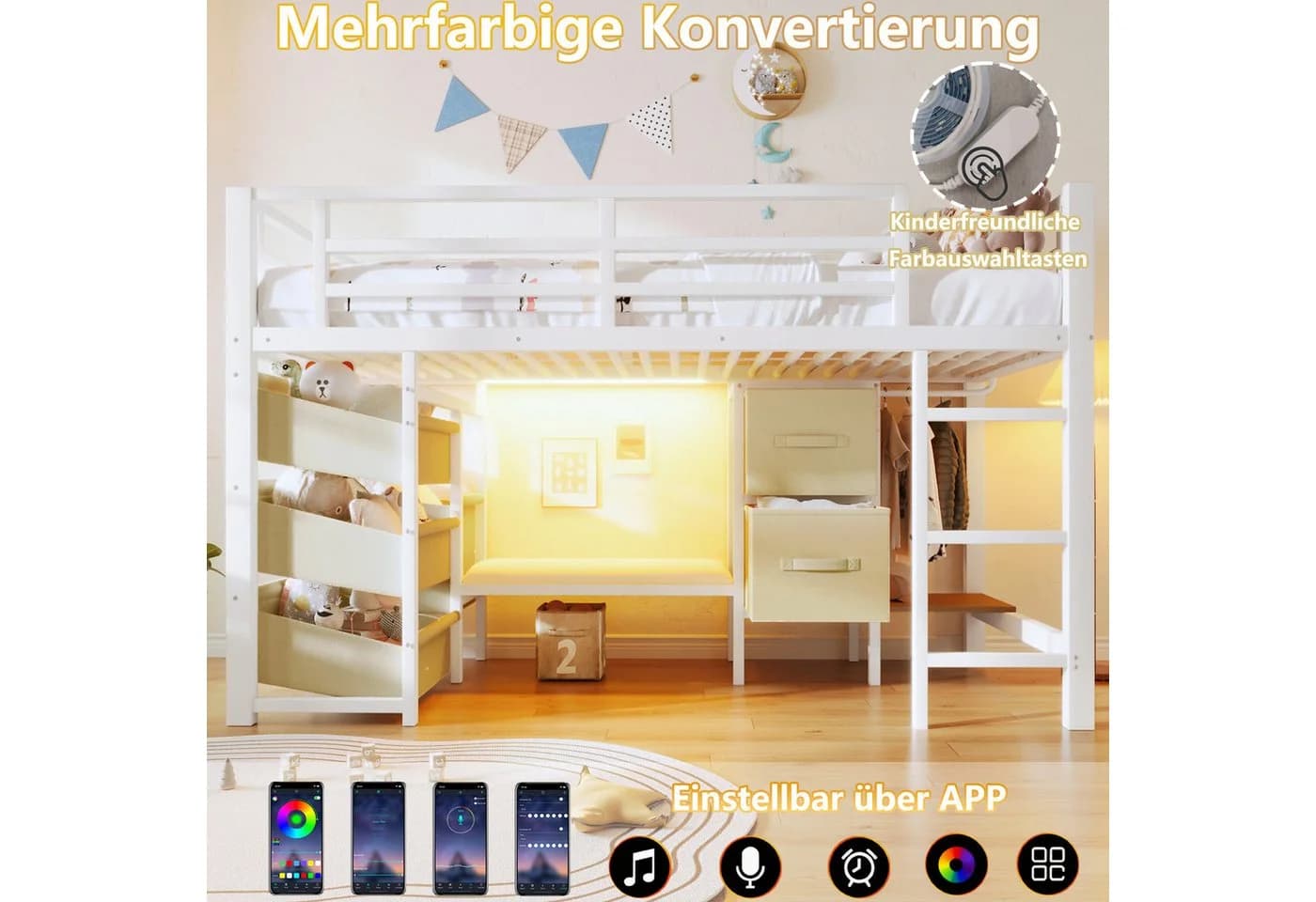 Flieks Hochbett Kinderbett Metallbett 90x200cm mit Stoffschubladen LED - Bild 4