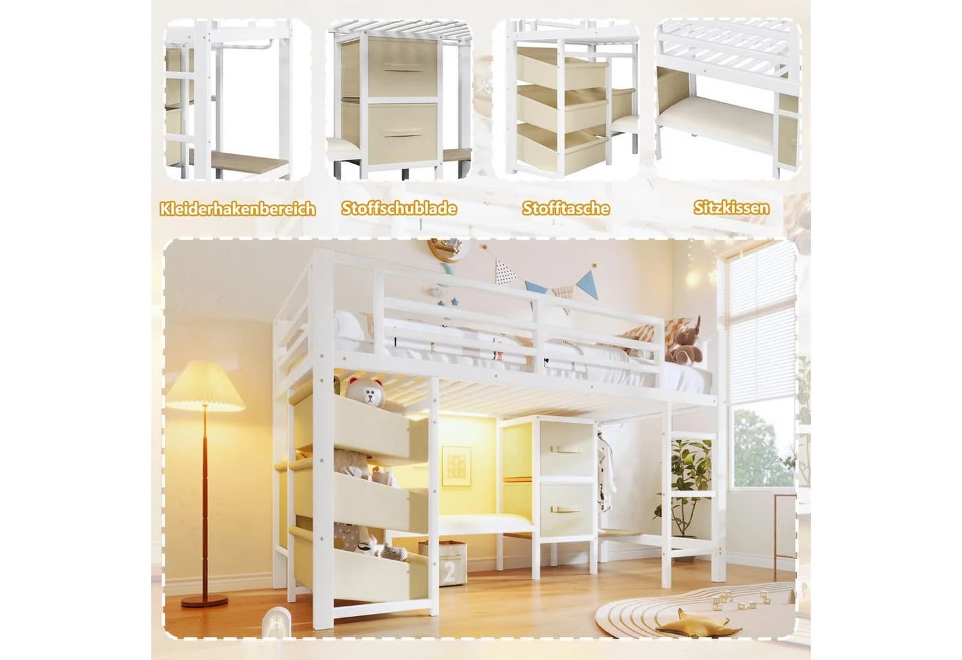 Flieks Hochbett Kinderbett Metallbett 90x200cm mit Stoffschubladen LED - Bild 5