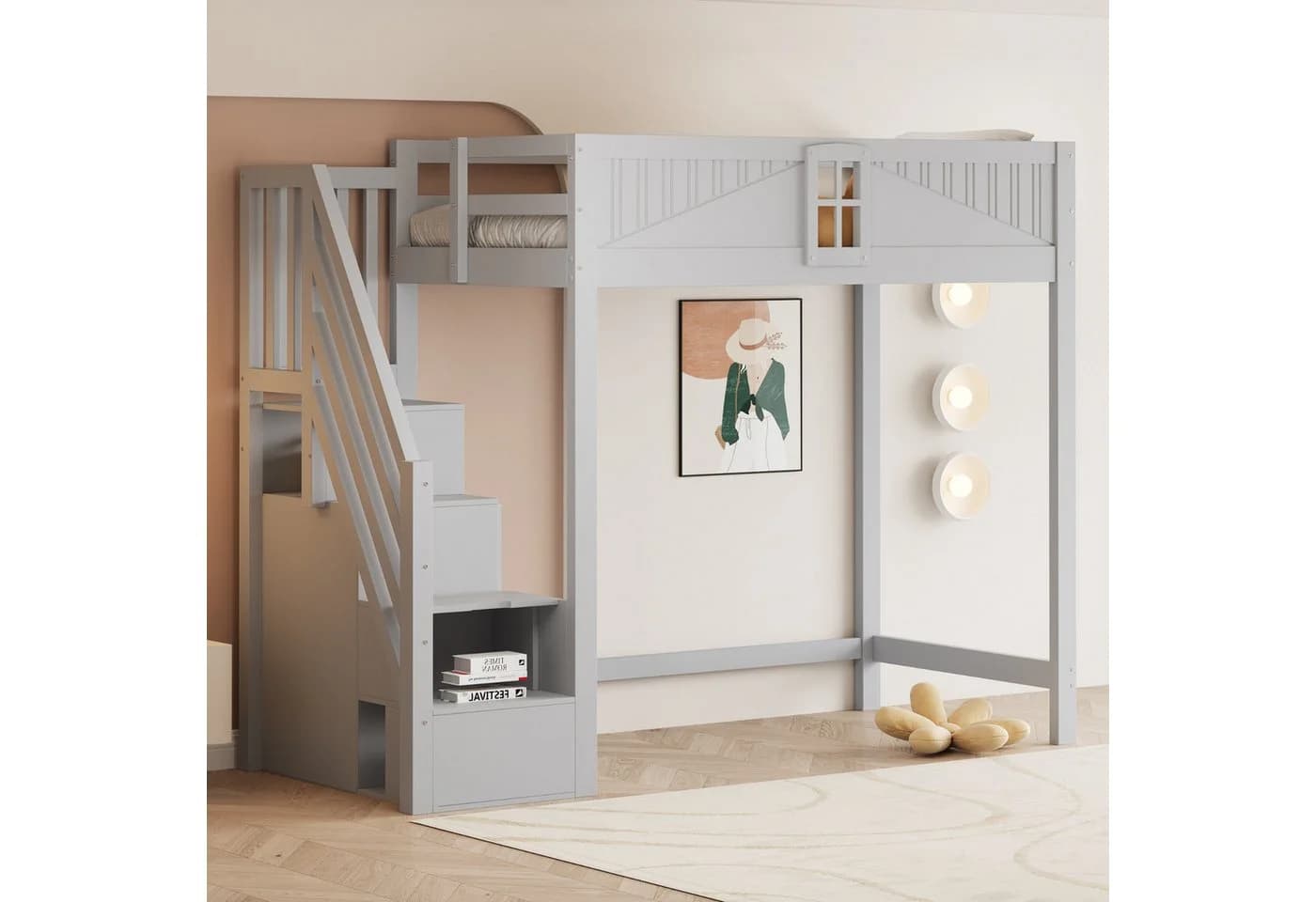 Flieks Hochbett Kinderbett 90x200cm mit Stauraumtreppe Grau