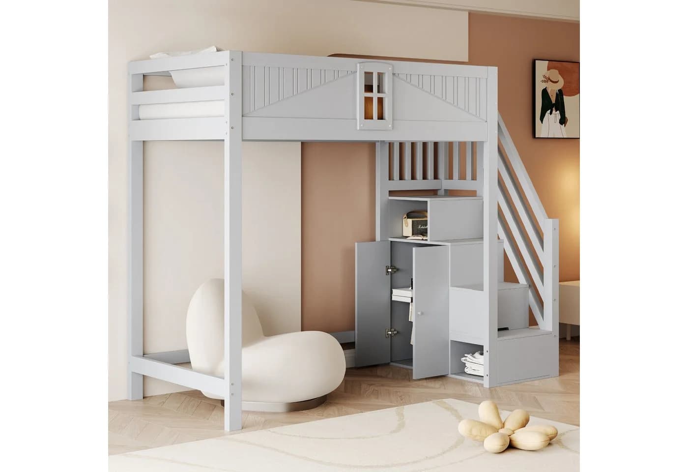 Flieks Hochbett Kinderbett 90x200cm mit Stauraumtreppe Grau - Bild 2