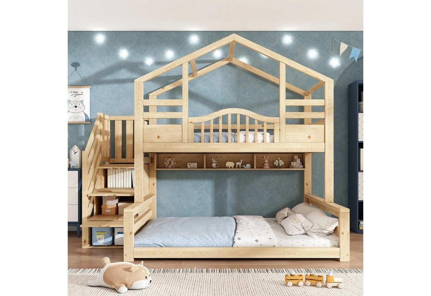 Flieks Etagenbett mit Stauraumtreppe und Regalen