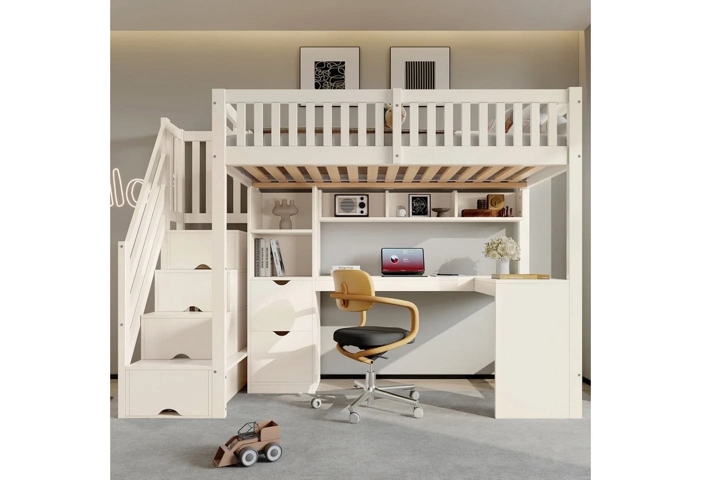Flieks Hochbett Kinderbett 90x200cm mit Stauraumtreppe