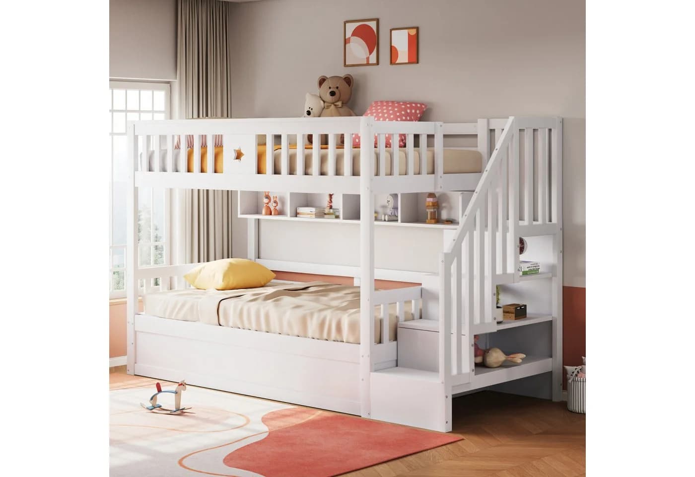 Flieks Etagenbett Kinderbett Hydraulisches Unterbett 90x200cm mit Regal & Stauraumtreppe
