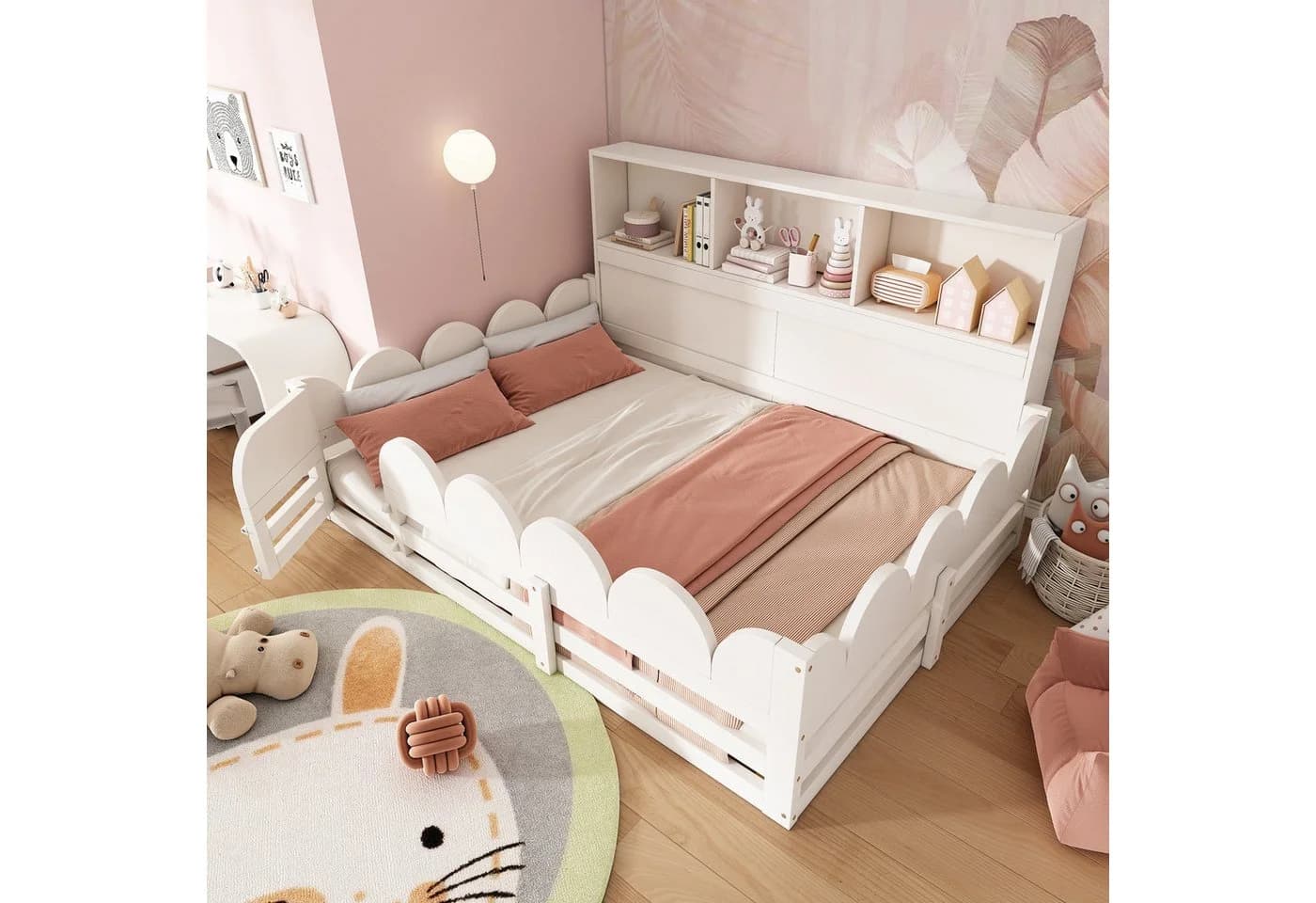 Flieks Kinderbett Bodenbett 140x200cm Weiß mit Regal und Rausfallschutz - Bild 3