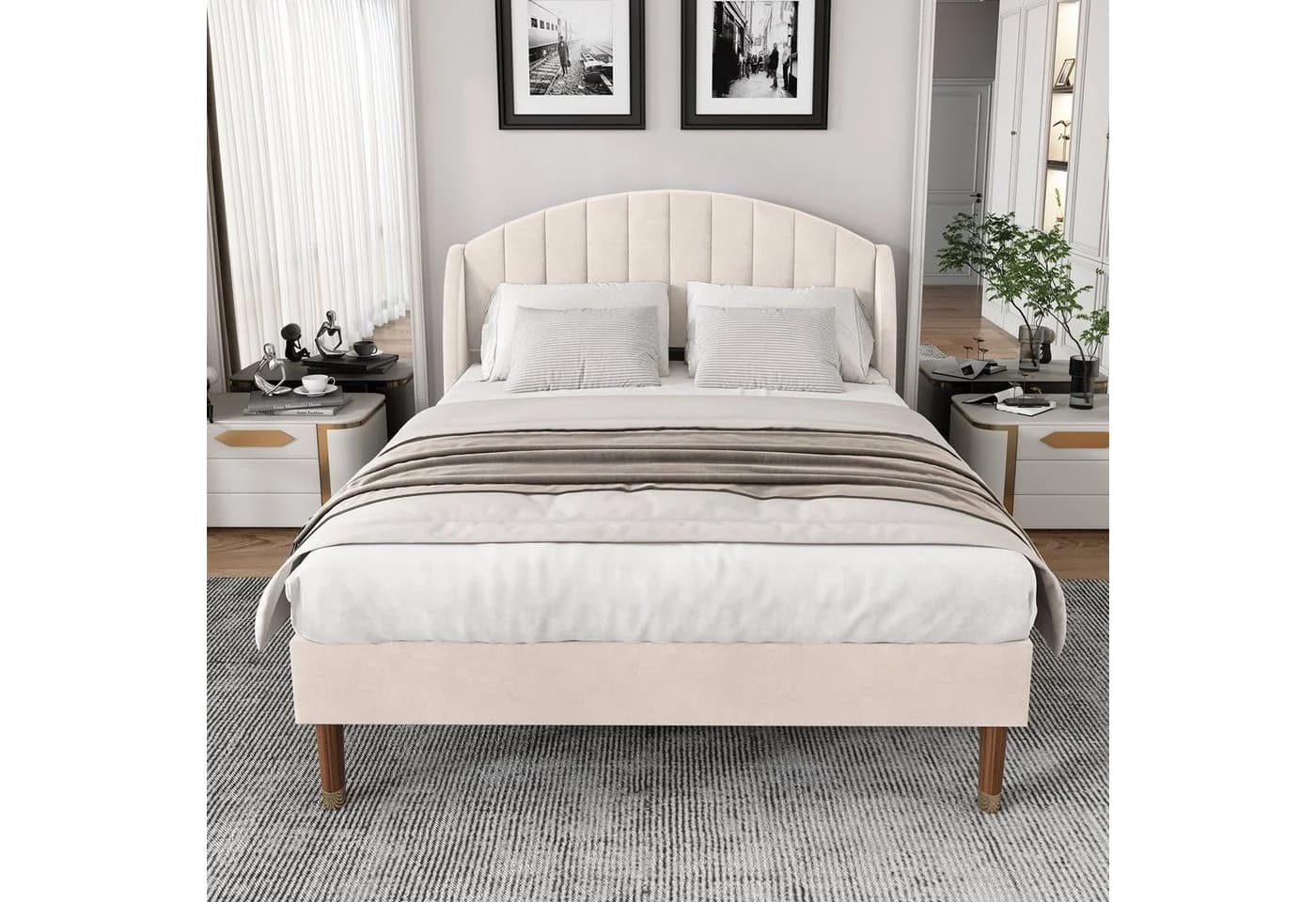 Flieks Polsterbett Kiefer Samt Beige 140x190cm