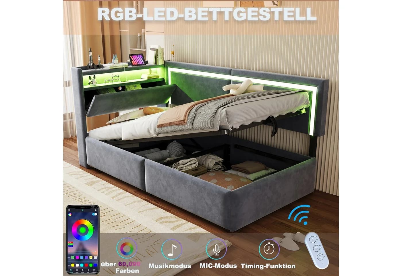 Flieks Daybett Polsterbett 90x200cm Hydraulischer Stauraum LED USB - Bild 3