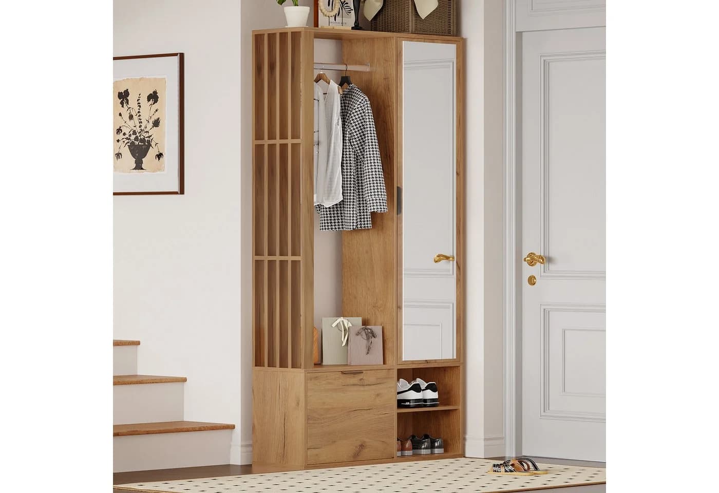 Merax Garderobenschrank 6-in-1 Holzoptik mit Spiegel & 9 Fächern - Bild 2
