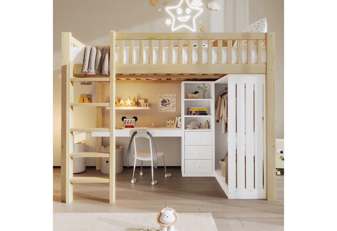 Flieks Hochbett mit Schreibtisch, Kleiderschrank & Schubladeschrank Beige