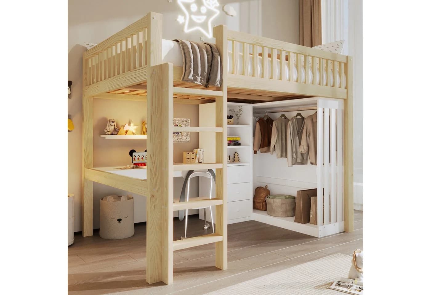 Flieks Hochbett mit Schreibtisch, Kleiderschrank & Schubladeschrank Beige - Bild 2