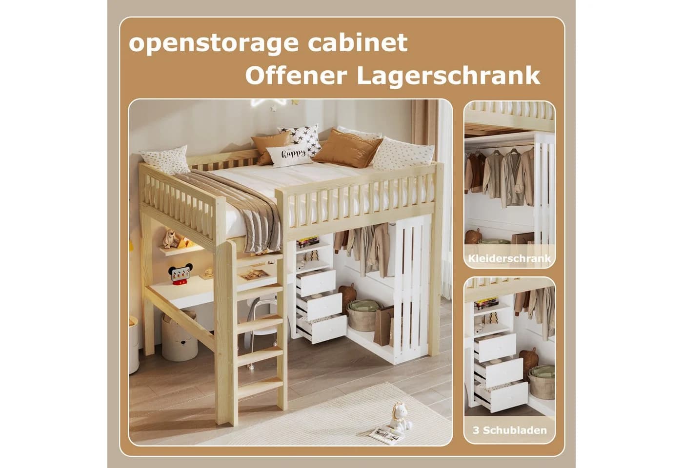 Flieks Hochbett mit Schreibtisch, Kleiderschrank & Schubladeschrank Beige - Bild 5