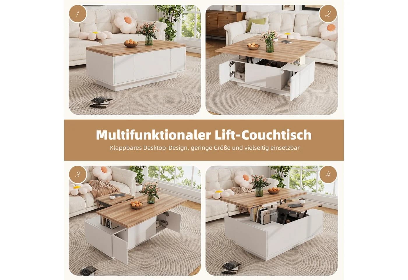 Merax Couchtisch Höhenverstellbar Weiß/Holzfarbe - Bild 5