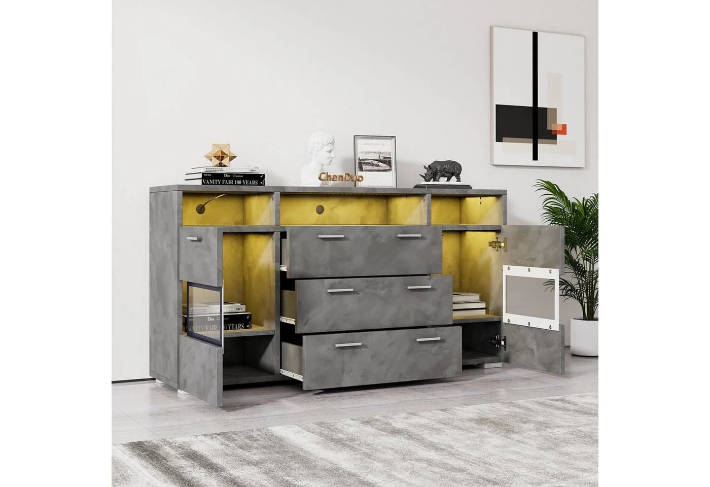 Merax Sideboard Industrial mit LED, 3 Schubladen, Grau