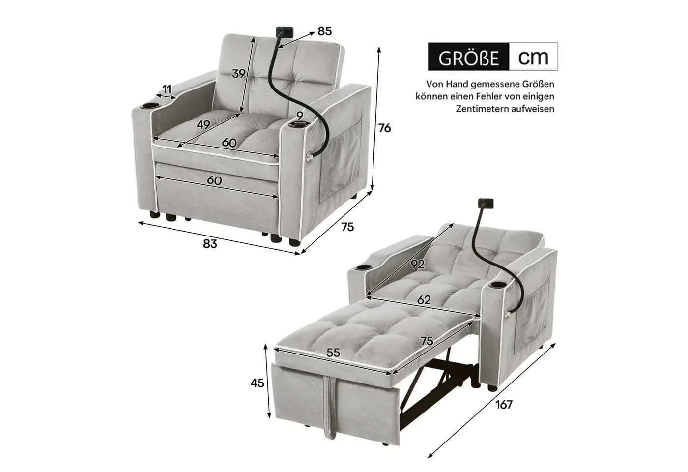 Merax Schlafsofa mit 3-in-1 Bettfunktion grau - Bild 5
