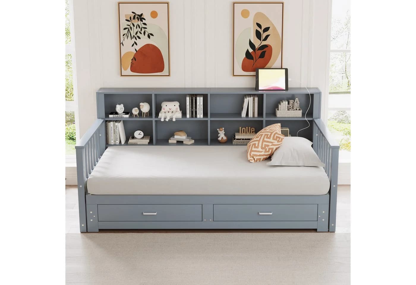 Merax Daybett 90/180x190cm mit USB-Ladeanschluss, Ausziehbares Schlafsofa Kinderbett mit Ablagefächern und 2 Schubladen