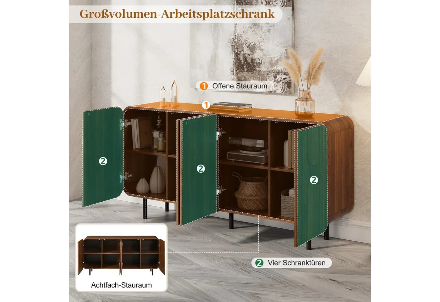 Merax Sideboard Nussbaum Optik 4 Türen Stauraum - Bild 4