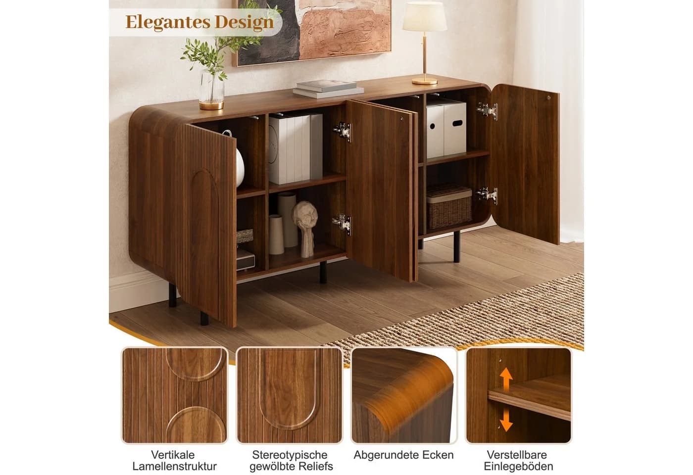 Merax Sideboard Nussbaum Optik 4 Türen Stauraum - Bild 5