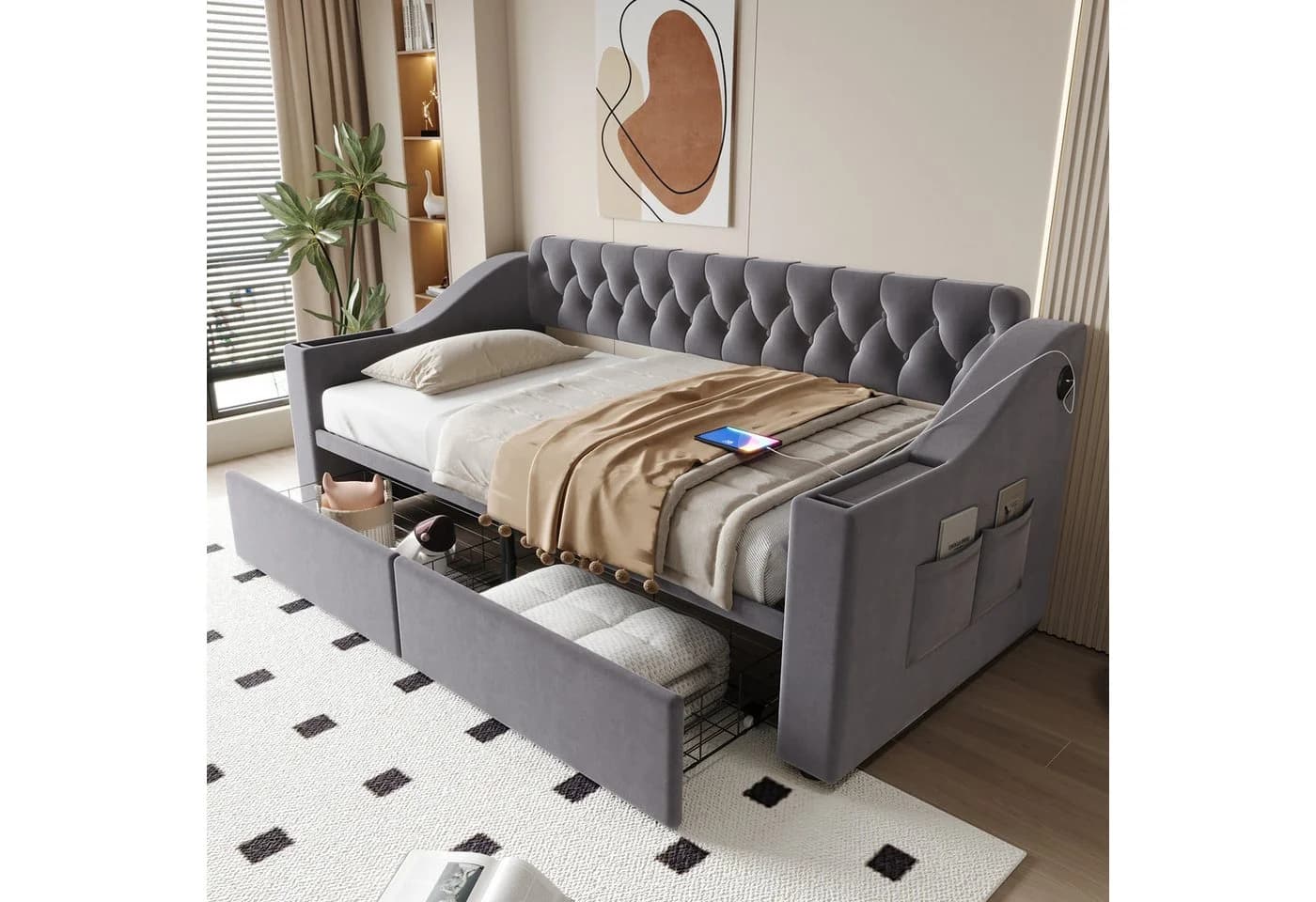 Merax Polsterbett Schlafsofa 90x190cm USB-Ladeanschluss Metallrahmen - Bild 2
