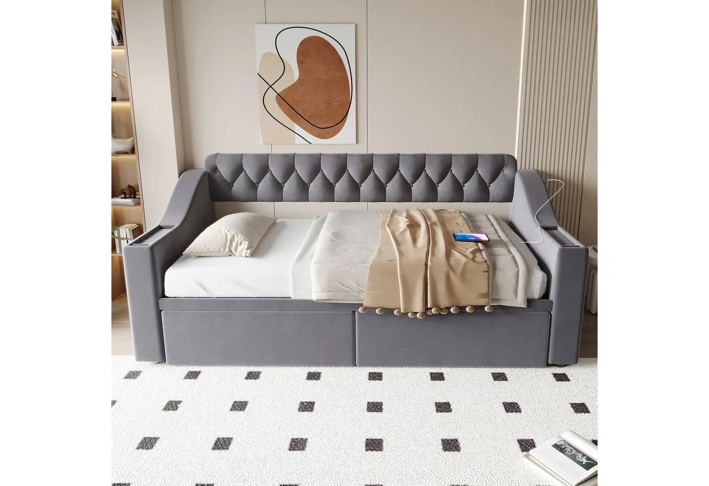 Merax Polsterbett Schlafsofa 90x190cm USB-Ladeanschluss Metallrahmen - Bild 3
