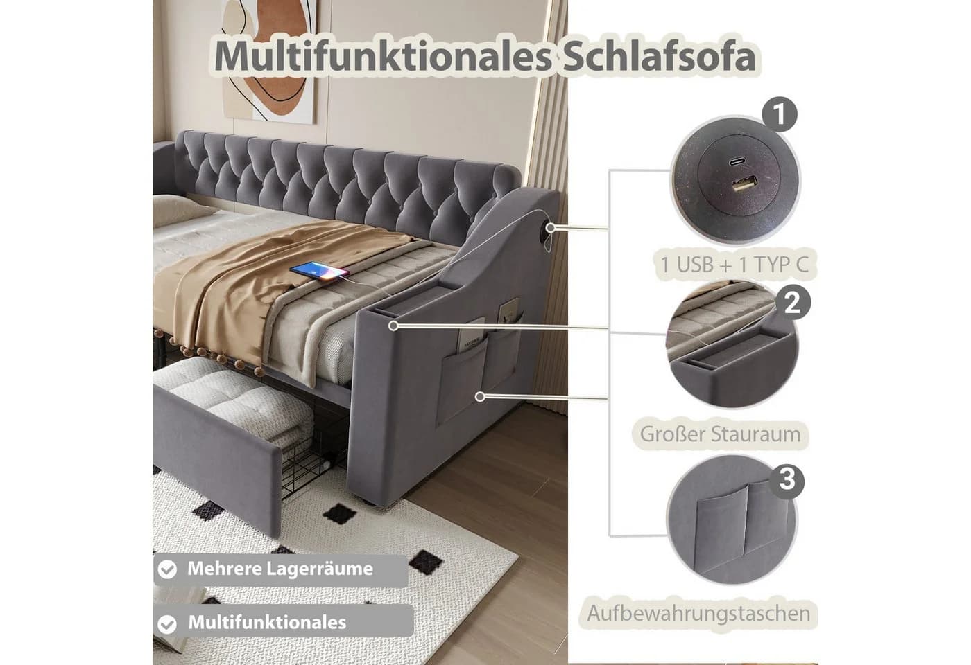 Merax Polsterbett Schlafsofa 90x190cm USB-Ladeanschluss Metallrahmen - Bild 4