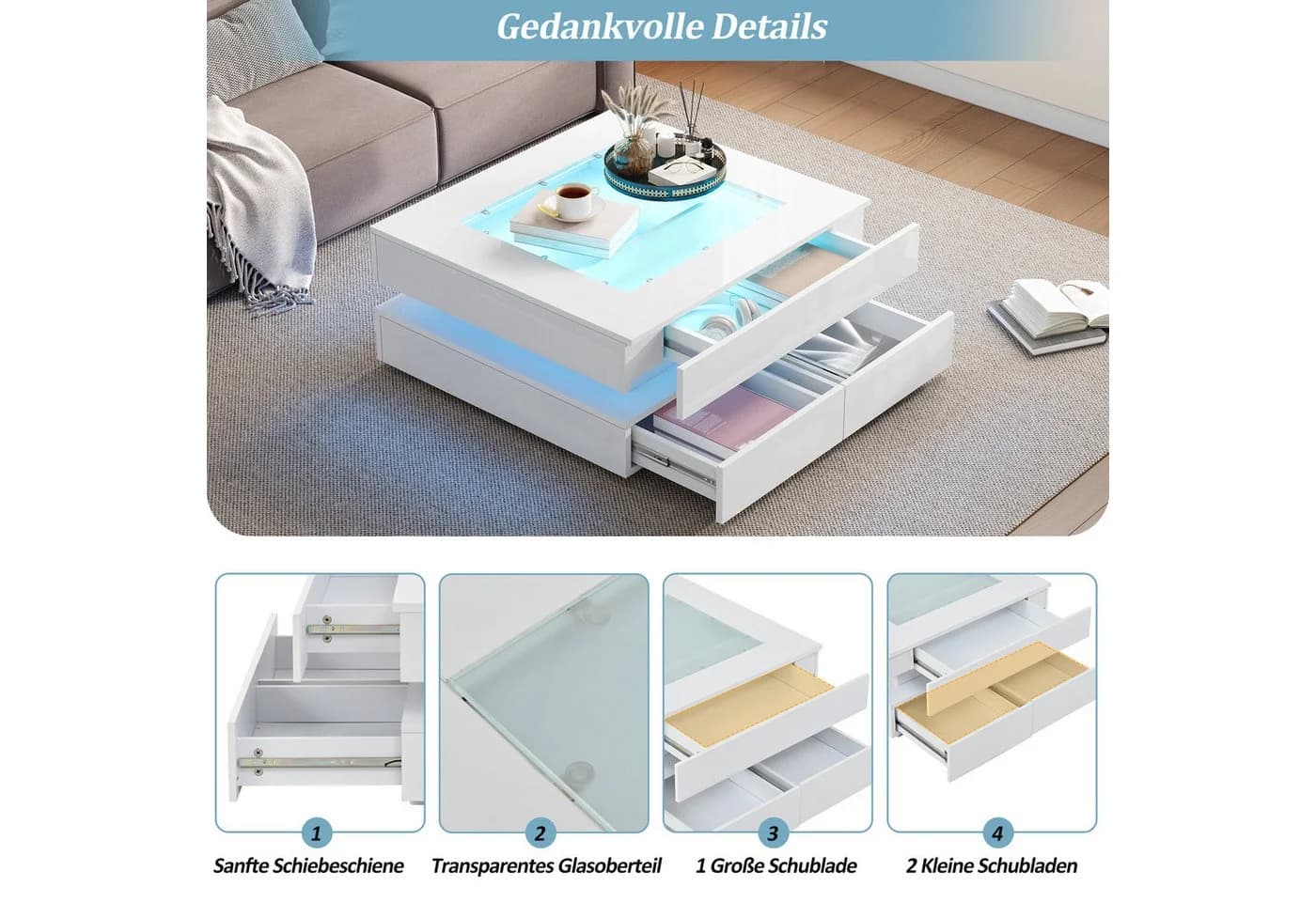 Merax LED-Couchtisch Hochglanz Sofatisch Beistelltisch mit LED-Beleuchtung - Bild 5