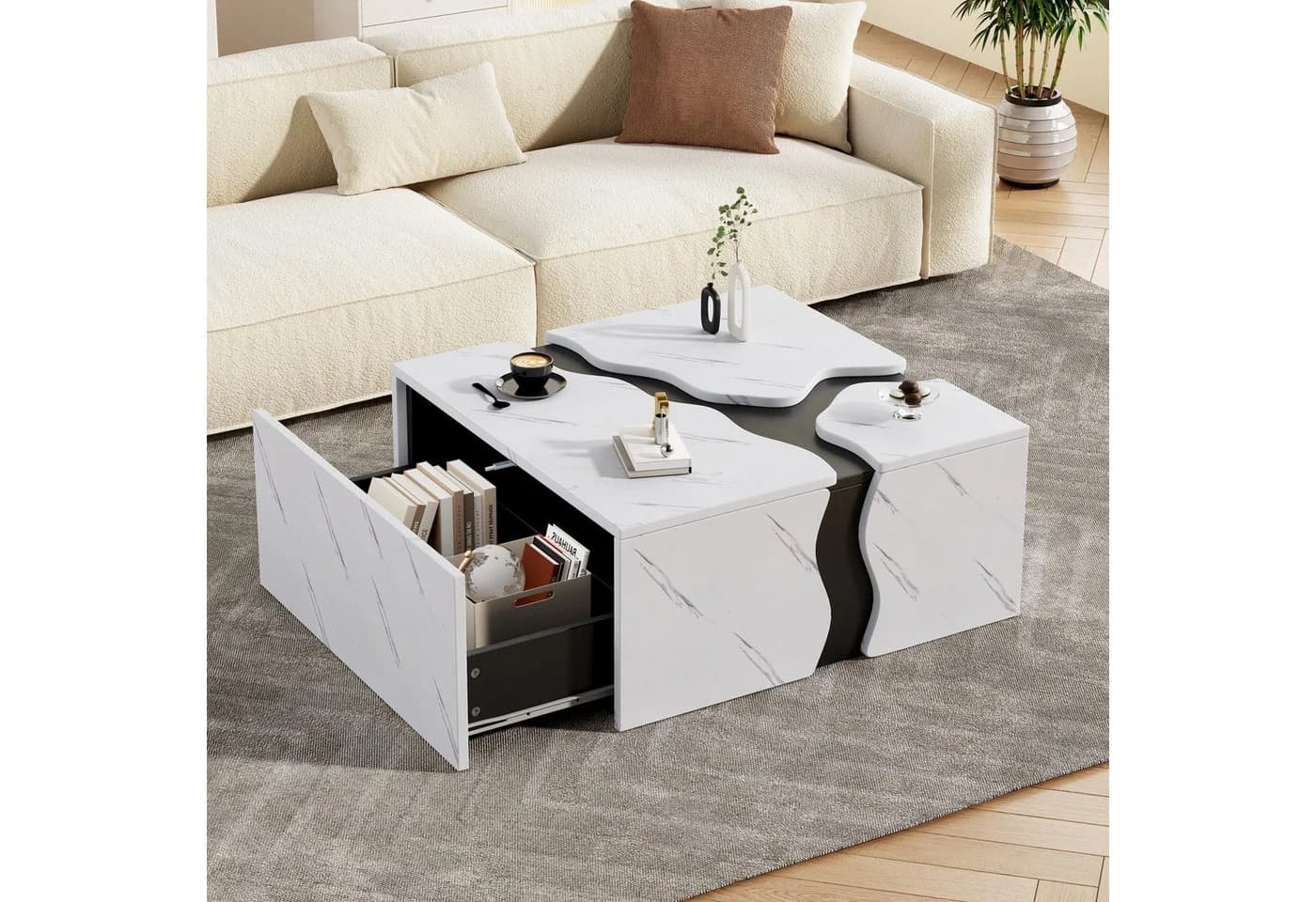 Merax Couchtisch Marmoroptik 70x70cm Kaffeetisch Wohnzimmertisch - Bild 4
