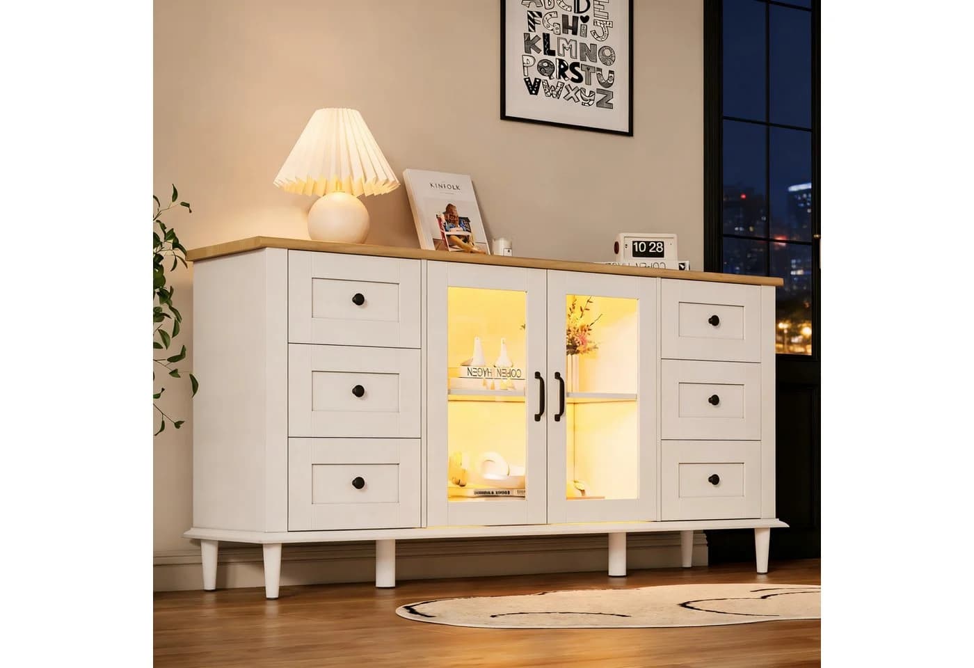 Merax Sideboard mit LED-Leuchten Weiß Holzton - Bild 2