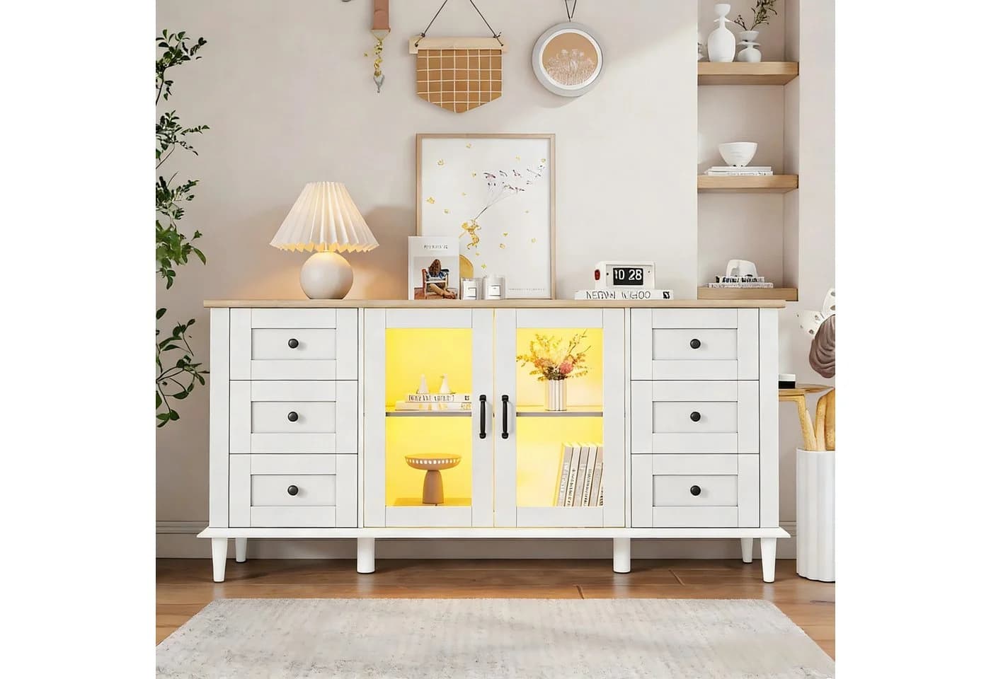 Merax Sideboard mit LED-Leuchten Weiß Holzton - Bild 3