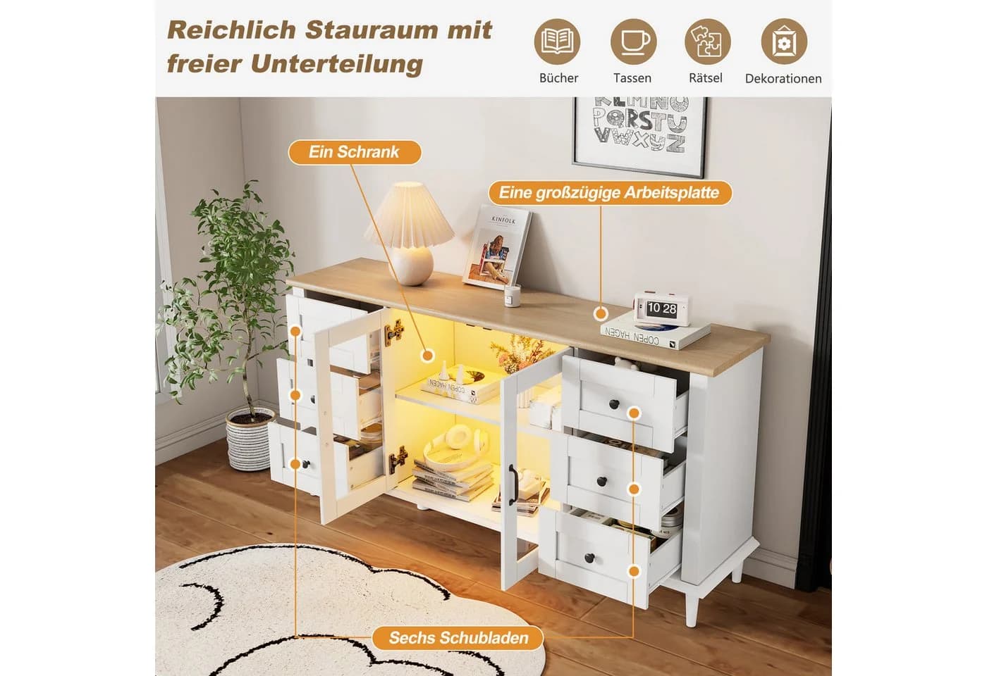 Merax Sideboard mit LED-Leuchten Weiß Holzton - Bild 5