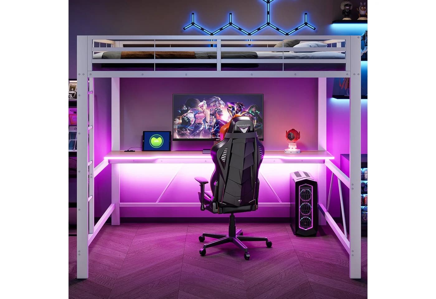 Merax Hochbett mit LED-Beleuchtung & USB-Ladestation 140x200cm