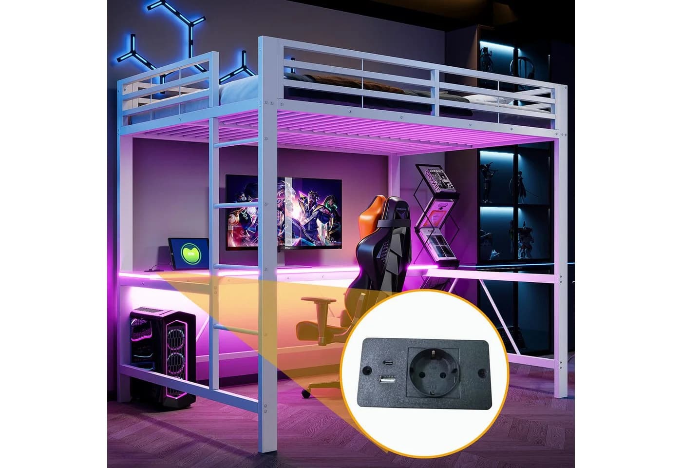 Merax Hochbett mit LED-Beleuchtung & USB-Ladestation 140x200cm - Bild 2